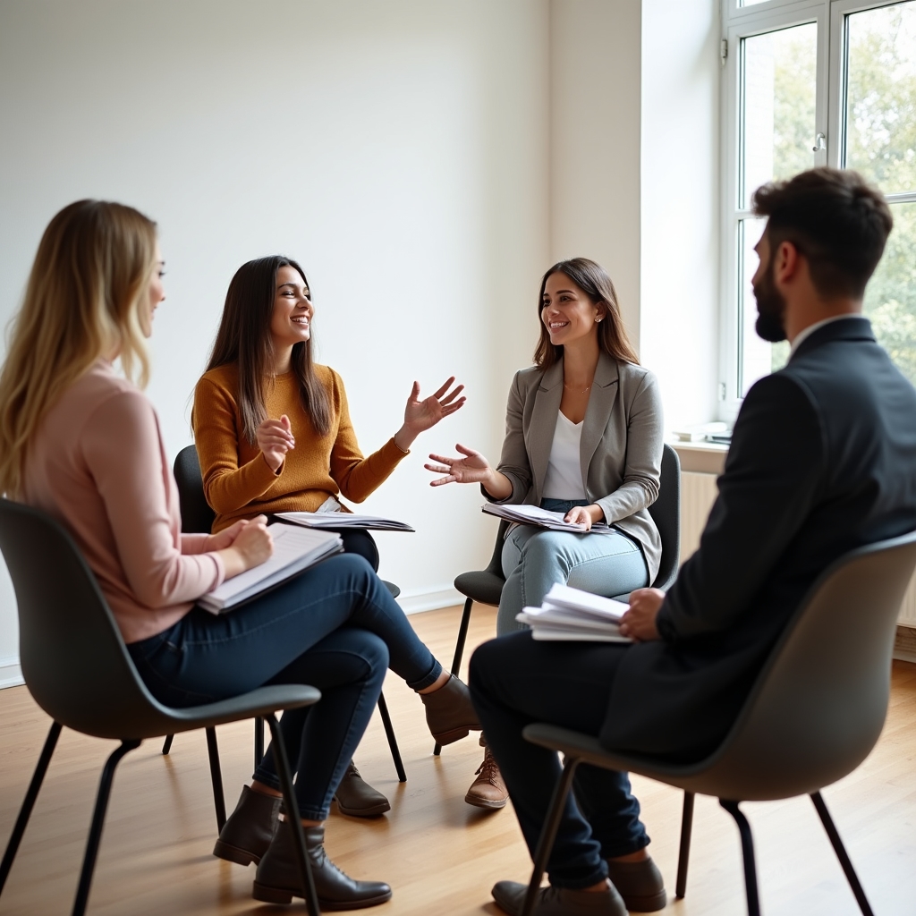Grupo de adultos participando en una sesión de aprendizaje sobre comunicación emocional
